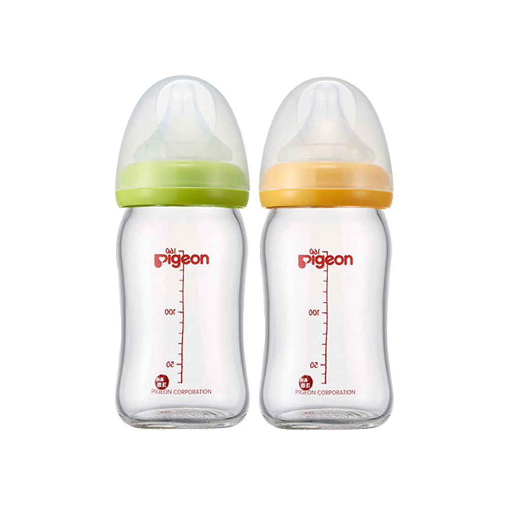 【甜蜜家族】貝親 Pigeon 寬口母乳實感玻璃奶瓶 160ml (綠/橘)
