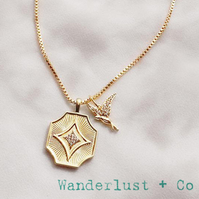 Wanderlust+Co 澳洲品牌 Art Deco錢幣X鑲鑽蜂鳥 金色雙墜項鍊 Hummingbird