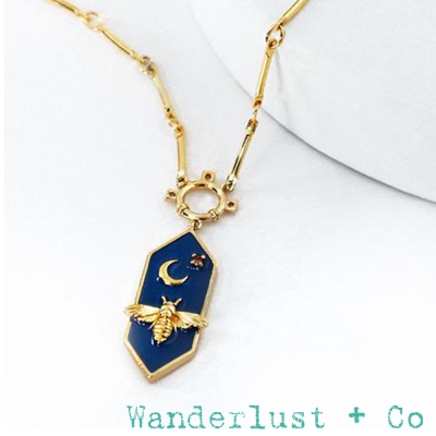 Wanderlust+Co 澳洲品牌 月亮X蜜蜂X水晶 藍色琺瑯金色項鍊 BEE NAVY