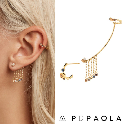 PD PAOLA 西班牙時尚潮牌 五色彩寶 簡約C型耳環X流蘇耳爬式耳環 金色 PEGASUS