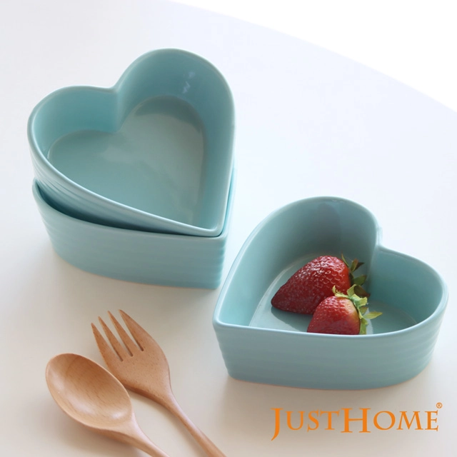 【Just Home】多莉純色陶瓷5.5吋愛心造型深餐盤3件組(經典粉藍色)