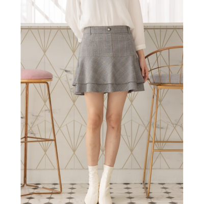 【POONE】春季款波浪層次格紋小短裙-2色
