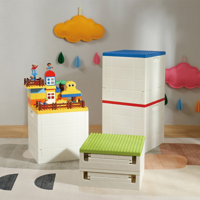【日本霜山】樂高可疊式積木玩具摺疊收納箱-25L-送台製OK牌積木(1kg)-5色可選-紅蓋
