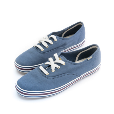 【Keds】CHAMPION 洗舊復古橫紋休閒鞋-藍