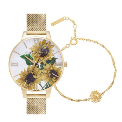 【Tiimec探覓刻】Olivia Burton Sunflower 向日葵米蘭帶腕錶手鍊套組(OBGSET165系列)