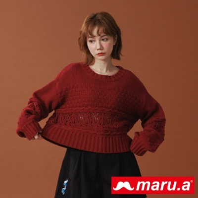 【maru.a】法式簍空鉤花針織燈籠袖毛衣-紅色 22914212