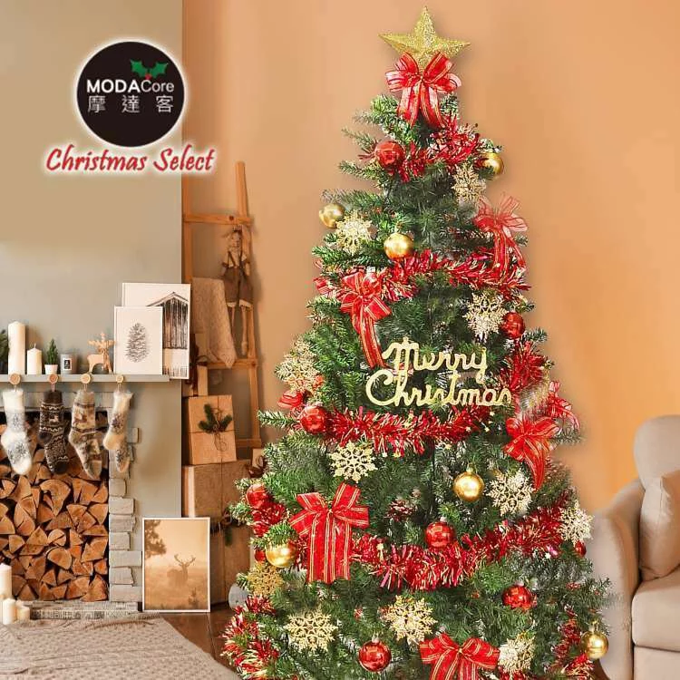 【摩達客】6尺/6呎(180cm)特仕幸福型裝飾綠色聖誕樹 (綺紅金雪系配件)含全套飾品不含燈/本島免運費(YS-GTC2106001)