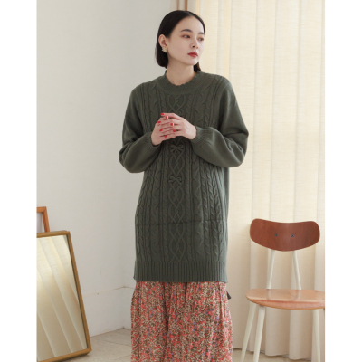 【POONE】寬鬆麻花編織紋中長版毛衣