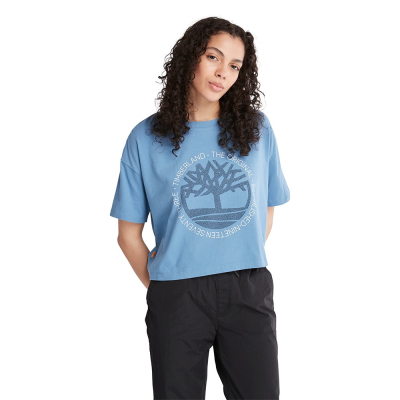 【Timberland】女款月光藍大樹Logo短版T恤|A5X79CY6