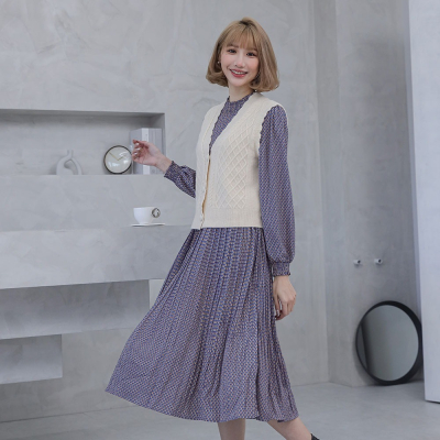 【AVIVI】復古幾何形針織背心長洋裝( 兩件式 ) -米色、奶茶色