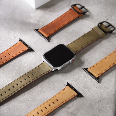 【W.wear】Apple watch - 質感黑釦車縫瘋馬真皮蘋果錶帶