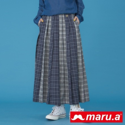 【maru.a】氣質出眾拼接格紋百褶長裙-深藍 23316211