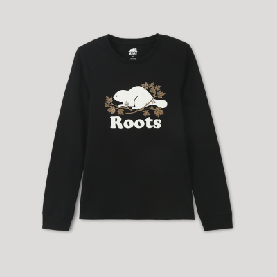 Roots女裝-炫光系列 金屬海狸長袖T恤 黑