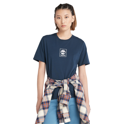 【Timberland】女款深藍色有機棉品牌LOGO短袖T恤|A69AW433