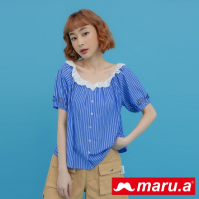 【maru.a】優雅海洋公主荷葉邊蓬蓬袖條紋造型襯衫 -淺藍 23313117