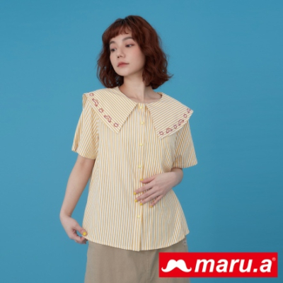 【maru.a】甜美洋娃娃刺繡大翻領直條紋襯衫 -深黃 23333111