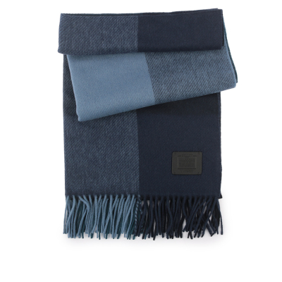 【COACH】羊毛格紋寬版圍巾(午夜藍)