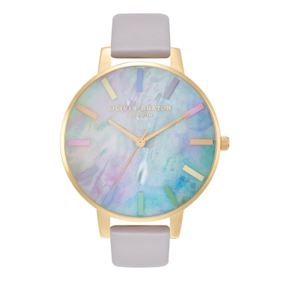 【Olivia Burton】限量夢幻發售金殼彩虹彩繪母貝面灰紫色皮帶腕錶OB16RB30_限新北中和自取