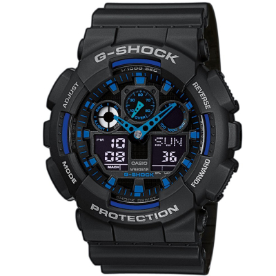 【CASIO 卡西歐】G-SHOCK 個性重型機械感Man運動錶(GA-100-1A2)-黑x藍/51.2mm