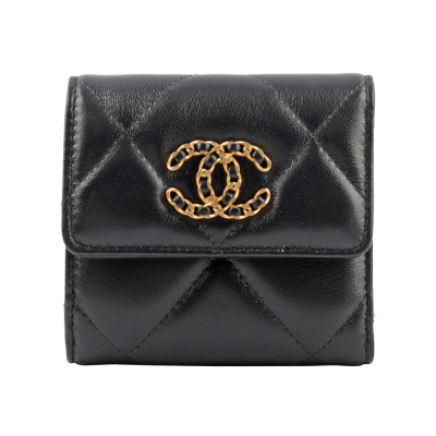 【CHANEL】Chanel 19 小羊皮翻蓋三折零錢袋短夾(黑色)