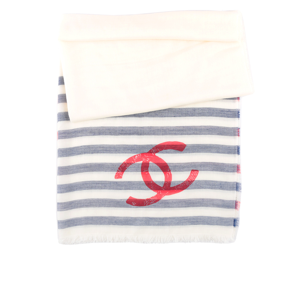【CHANEL】Logo 紅藍條紋莫代爾棉及羊毛混絲圍巾/披肩(白色)