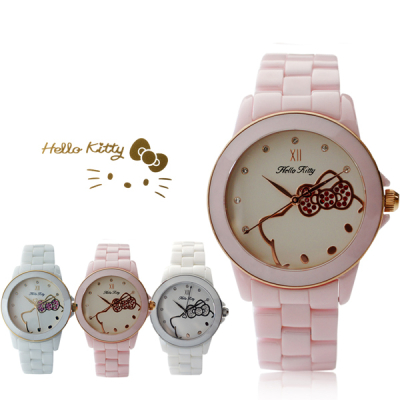 【HELLO KITTY】 LK673 三麗鷗正版授權 粉嫩色系晶鑽陶瓷石英腕錶