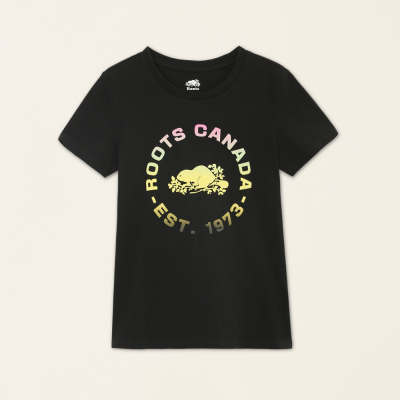 【Roots】女裝-城市旅者系列 漸層海狸LOGO修身純棉短袖T恤