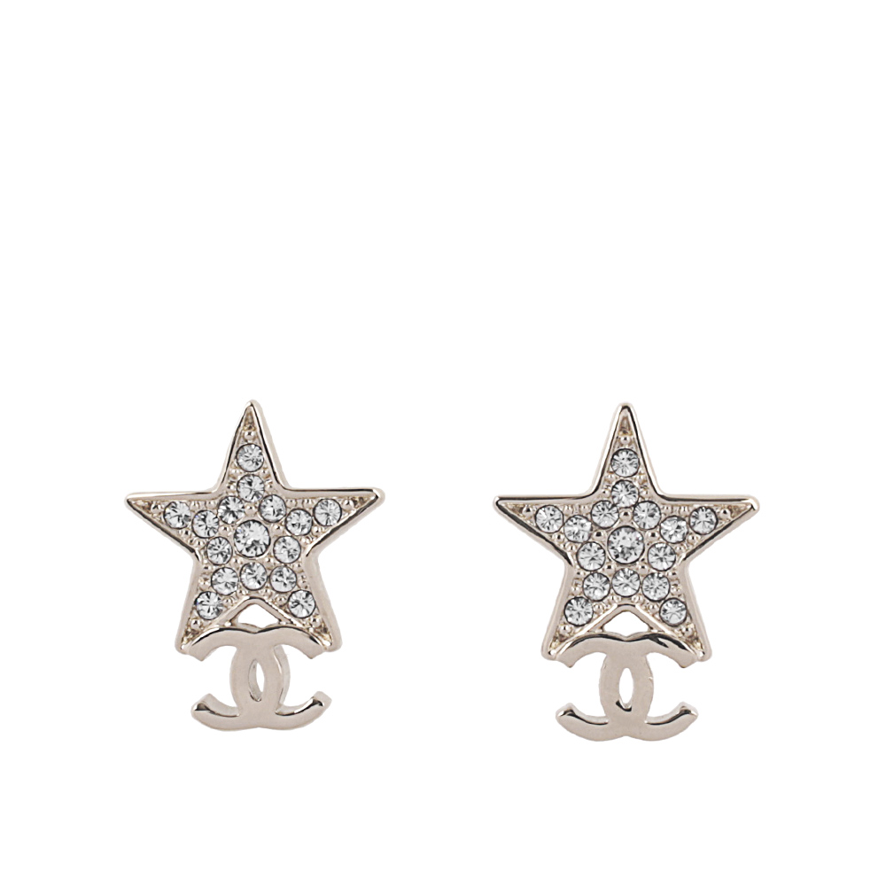 【CHANEL】CC Logo 水鑽星星造型針式耳環(金色)