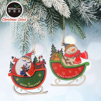 【摩達客】耶誕-可愛雪橇木質彩繪(單面)吊飾-聖誕老公公+雪人(一組2入)