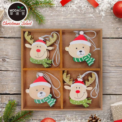 【摩達客】耶誕-質感聖誕帽木質彩繪(單面)吊飾-小熊+麋鹿混款16入(8入*2盒裝)
