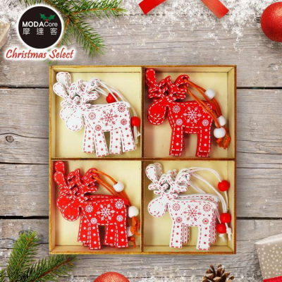 【摩達客】耶誕-可愛木質彩繪(單面)吊飾-紅白麋鹿混款24入(12入*2盒裝)