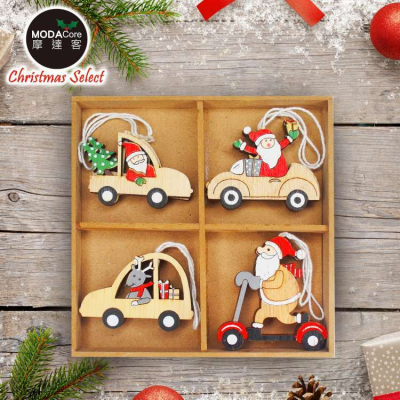 【摩達客】耶誕-Q版小汽車車木質彩繪(單面)吊飾-聖誕老公公+麋鹿混款16入(8入*2盒裝)