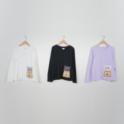 【Dailo】偷吃小貓趣味口袋彈性舒適棉長袖上衣 黑 白 紫34002011
