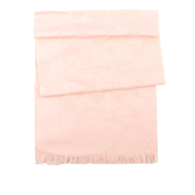 【COACH】滿版CC Logo 及素色羊毛混絲雙面可用圍巾(腮紅粉)