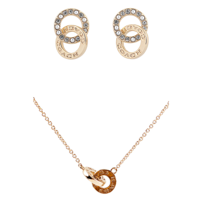 【COACH】水鑽及玻璃珍珠連扣圓圈針式耳環+Logo 刻印雙圈項鍊(金色)