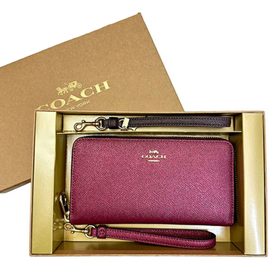COACH 時尚素面皮革12卡拉鍊手拿包長夾雙提把禮盒組 亮粉紫色